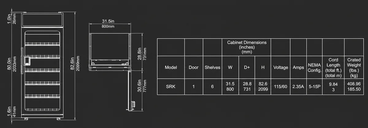 SandStar SRK cabinet dimensions and electrical specifications