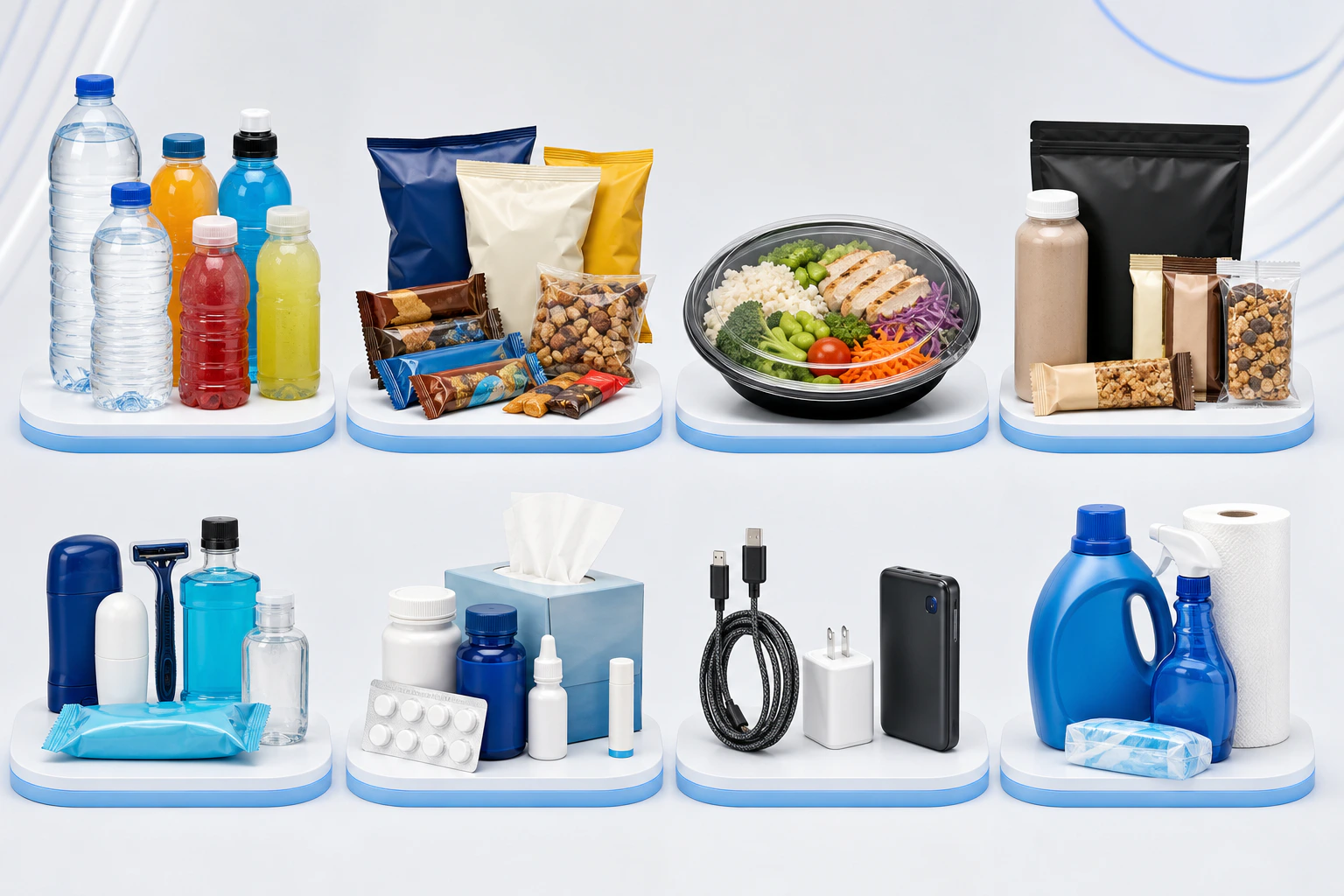 Example product mix including drinks, snacks, meals, personal care items, accessories, and daily essentials