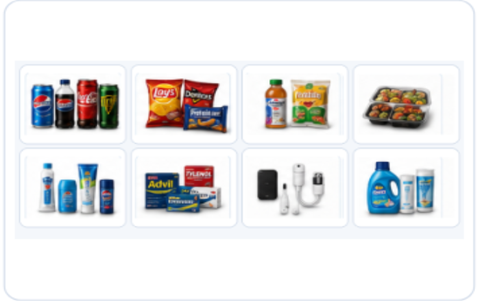 Example product mix including drinks, snacks, meals, personal care items, accessories, and daily essentials