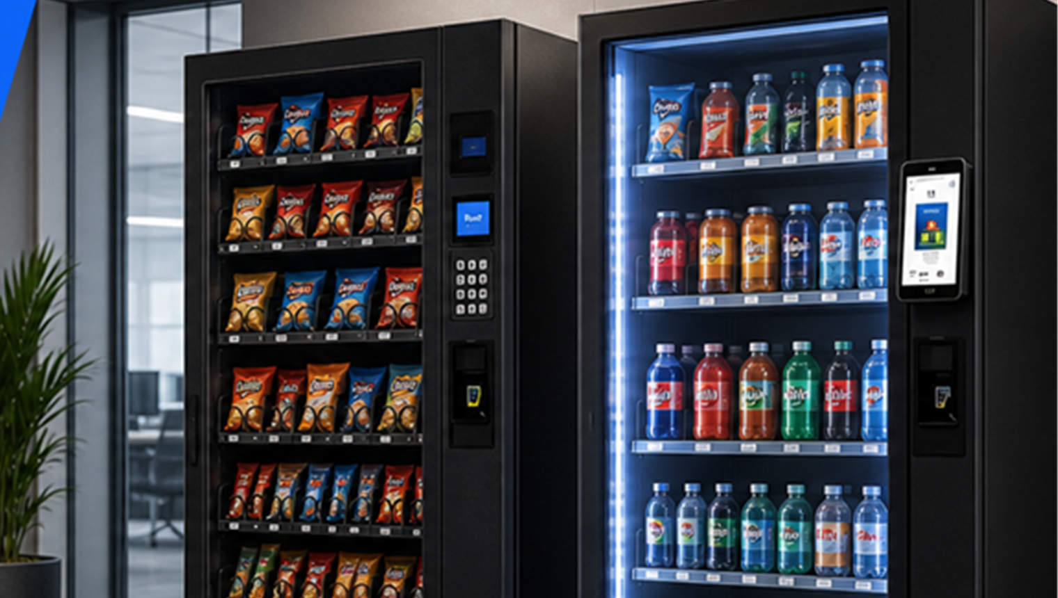 Traditional vending machine and smart cooler in a modern facility